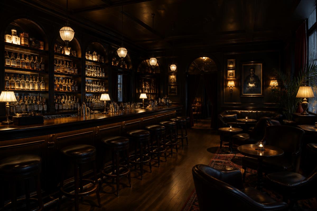 Dimly lit bar interior with dark wood, leather stools, and amber lighting